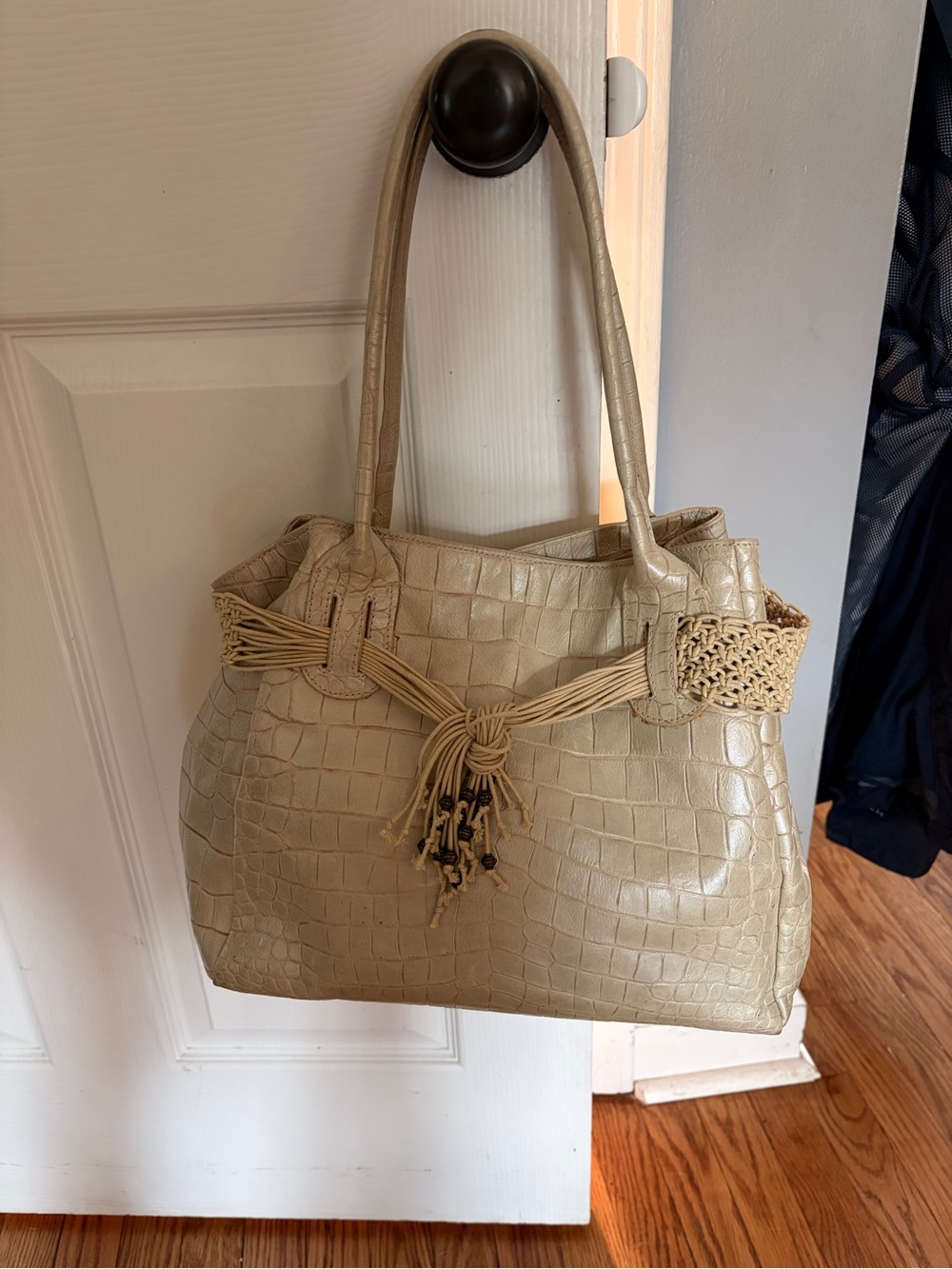 Roserta Candoley Lether Neutral Croc-Embossed Tote with Tassel Accent Boho